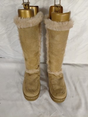 Halbhoher flacher Absatz Stiefel ohne Marke Fellbesatz Kunst-Wildleder Größe 5 UK Damen