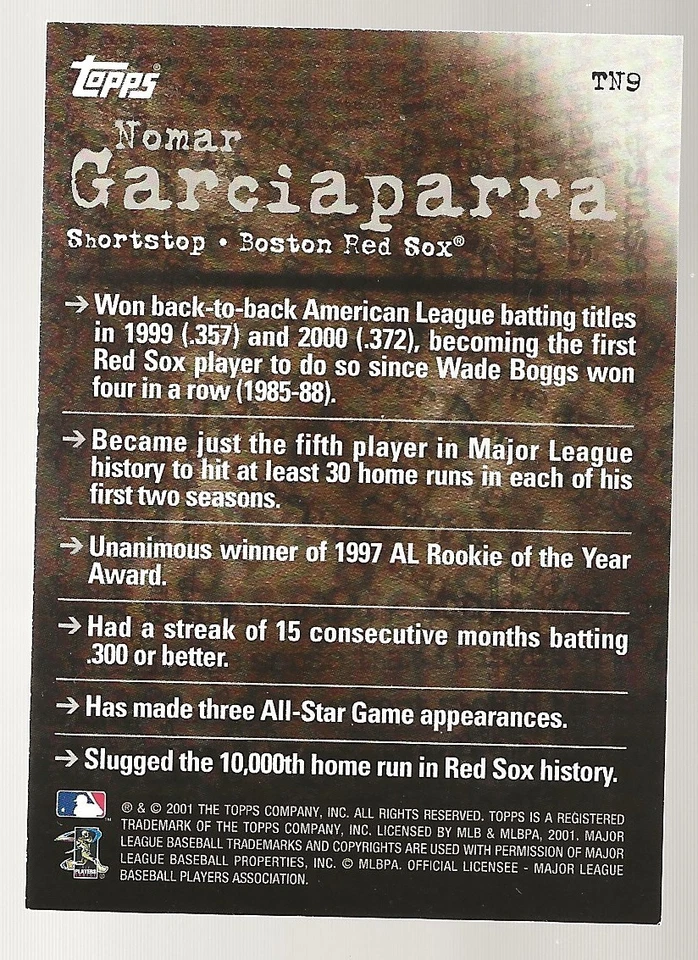 2001 Topps Baseball Nomar Garciaparra Noteworthy Insert #TN9 - Image 2 of 2