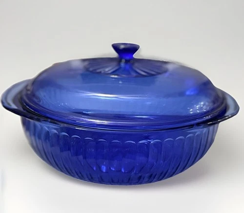 Vintage Cobalt Blue Pyrex 2 Quart Round Glass Dish & Lid Made In USA  024-S