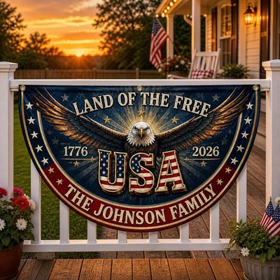 Personalized USA 250th Anniversary Bunting Flag, Patriotic Eagle Family Banner