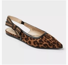 A New Day London Leopard Print Slingback Flats Bow Pointed Toe Brown Black 8 1/2