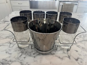VTG MCM Bar Set 6 Silver Highball Glasses Ice Bucket Stainless CaddyBarware