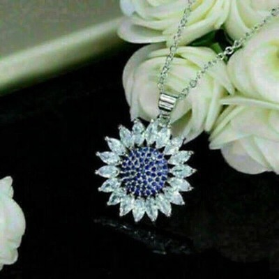 3Ct Round Cut Blue Sapphire Sunflower Pendant 14K White Gold Plated