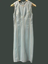 Narciso Rodriguez Sage Green Wool Shift Midi Dress Contrast Piping Size 4 EU 40