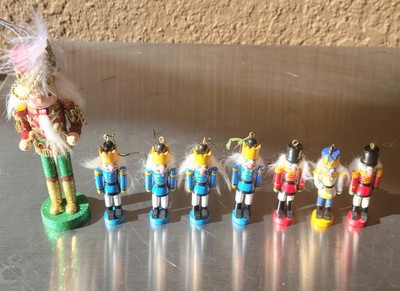 8 Vtg Wooden Nutcracker Ornaments- 2.75''(7)&5.75''(1)