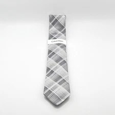 Calvin Klein Men's Silver Grey Chromatic Plaid Tie Necktie Classic 3"