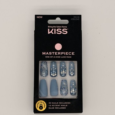 NEW Kiss Nails Masterpiece Luxe Glue Manicure Long Gel Coffin Blue Silver Gems