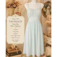 Vintage 1960s Van Raalte Mint Blue Nylon Nightgown  Lace Bodice Bust 34  