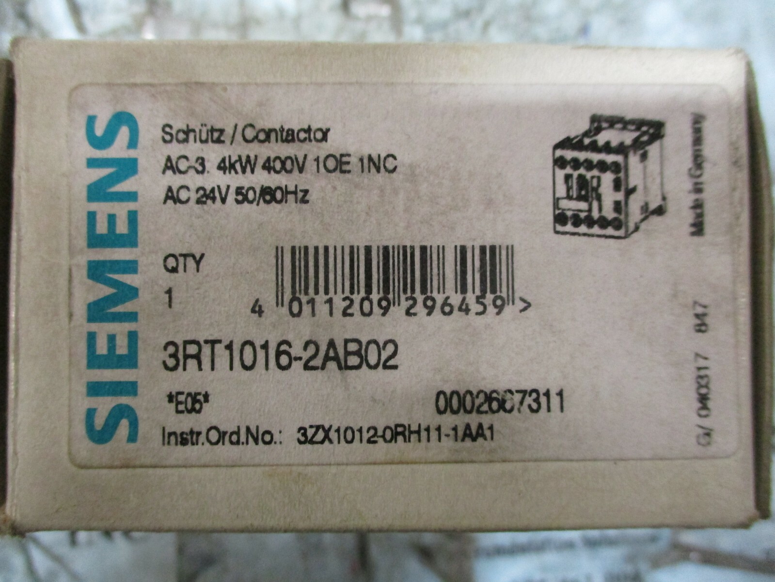 Siemens 3RT1016-2AB02 SIRIUS Contactor 3/4/5.5kW 400VAC 3ZX1012-0RH11 ...