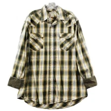 Roper Western Pearl Snap Shirt Mens L Green Plaid Contrast Cuff Long Sleeve