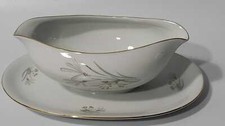 Vintage Floral Porcelain Gravy Boat and Under Plate with Gold Trim
