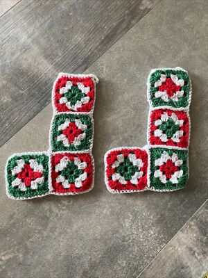 2 Christmas Stockings Vintage Handmade Grandma Granny Square Crochet Red Green
