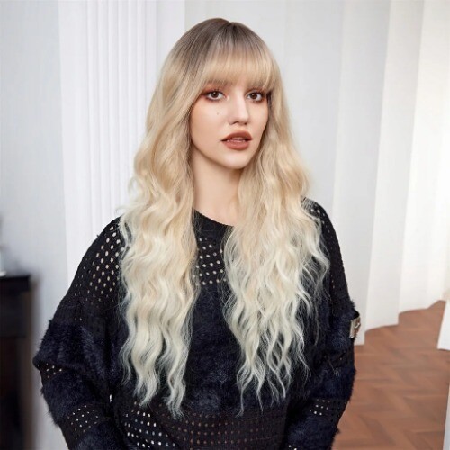 Ombre Blonde Synthetic Wigs with Bangs Long Wavy Wig Daily Soft Curly Full Wig - Bild 3 von 30
