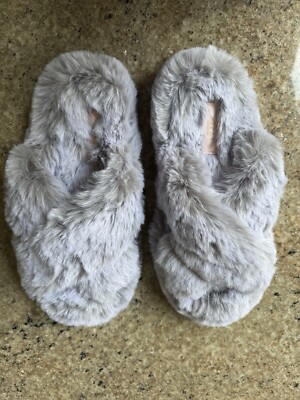 Lipsy Grey Cross Strap Super Soft Faux Fur Slippers Size Medium UK