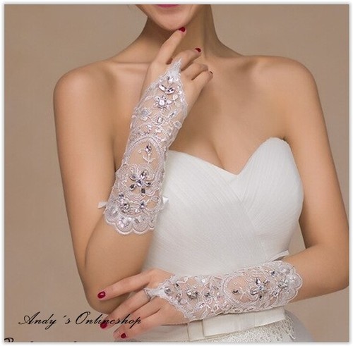 Brauthandschuhe Hochzeit Brautschmuck Spitze Braut Handschuhe Weiß Blumenmotiv - Bild 3 von 4