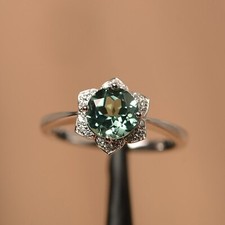 green Sapphire ring 925 Silver White Gold Plated round Cut floral wedding Ring