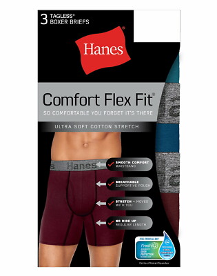 Hanes Men's 3-Pack Comfort Flex Boxer Briefs Fit Ultra Soft Cotton Stretch Wick