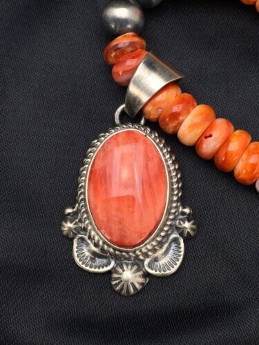 Orange Spiny Oyster Pendant Navajo Pearls Sterling Silver Beads Necklace 2689 - Picture 9 of 12