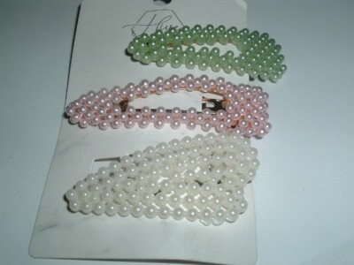 3 Green White and Pink Pearl Hair Clips 3'' New with Tag