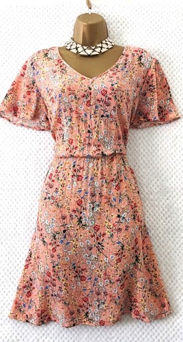 F&F A-Line Crinkle Pleat Dress Sz 20 Peach Pink Floral Summer Holiday Wear - Picture 2 of 14