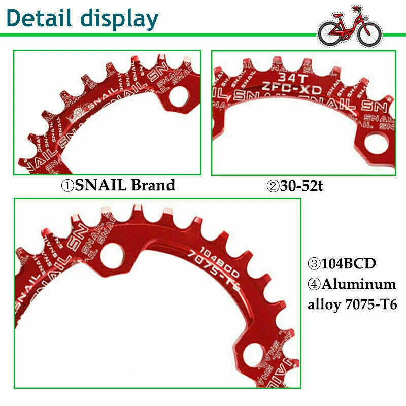SNAIL 104BCD Narrow Wide 30-52T MTB Bike Single Chainring fit SHIMANO/FSA Crank - Image 3 of 4