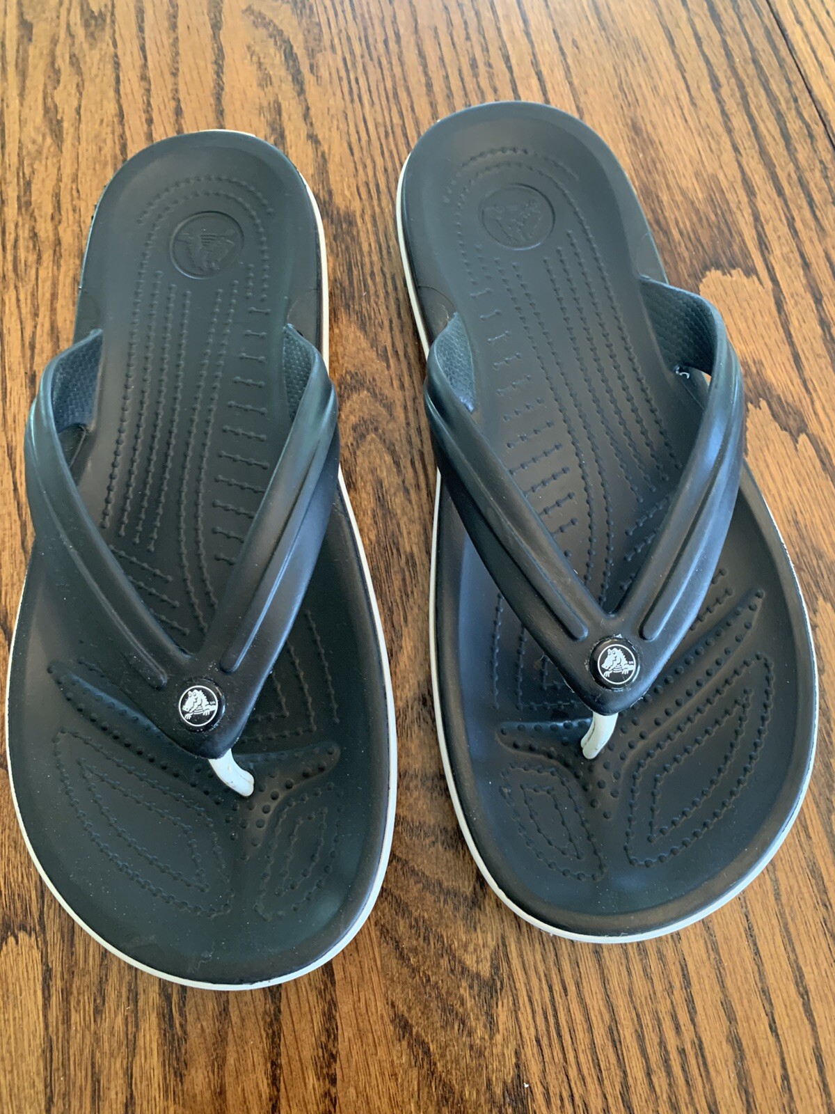 Crocs Flip Flops Size 10 Women's 8 Men's Black With White Stripe-image