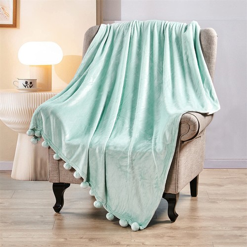 Boho Fleece Throw Blanket with Pompom Fringe – Lightweight, Warm & Cozy Decor - Picture 58 of 152