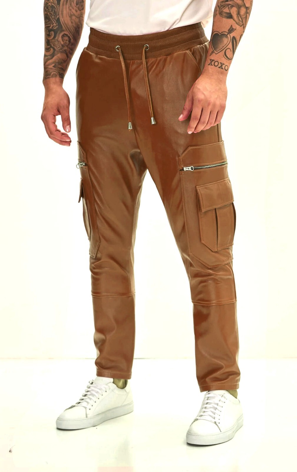 Men's JOGGERS Brown Lambskin Premium Real Soft Leather Jogging Trouser Draw Pant