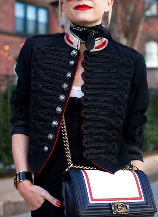New Ladies Military Black Jacket With Red Trim Braiding Custom Made wool Jacket