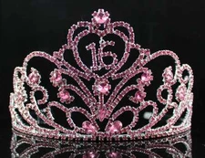 SWEET SIXTEEN 16 BIRTHDAY PARTY RHINESTONE TIARA CROWN W/ HAIR COMBS T1863P PINK
