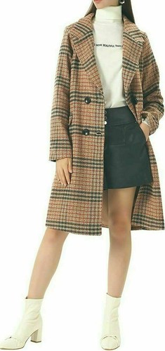 Women's Winter Oversize Lapel Collar Woolen Plaid Double Breasted Long Pea Coat - Picture 14 of 23