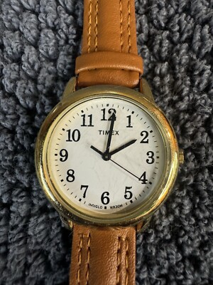Timex Watch Womens 30mm Round Gold Tone Brown Embossed Leather Band New Battery