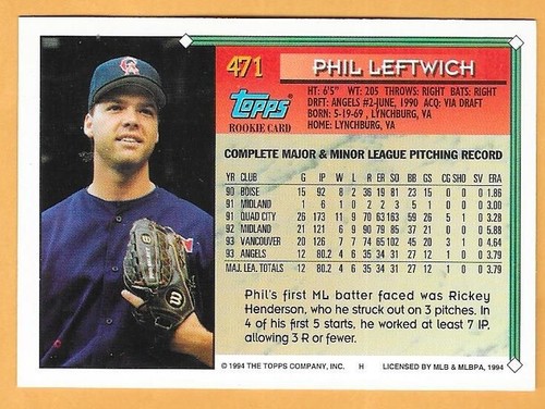 PHIL LEFTWICH ANGELS #471 - TOPPS CASI NUEVO - NUEVO COMO NUEVO 1994 - Imagen 2 de 2