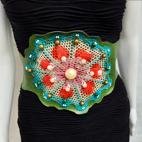 large belt luxury woman faux leather handmade embroidered flower beaded sequins - Picture 5 of 24