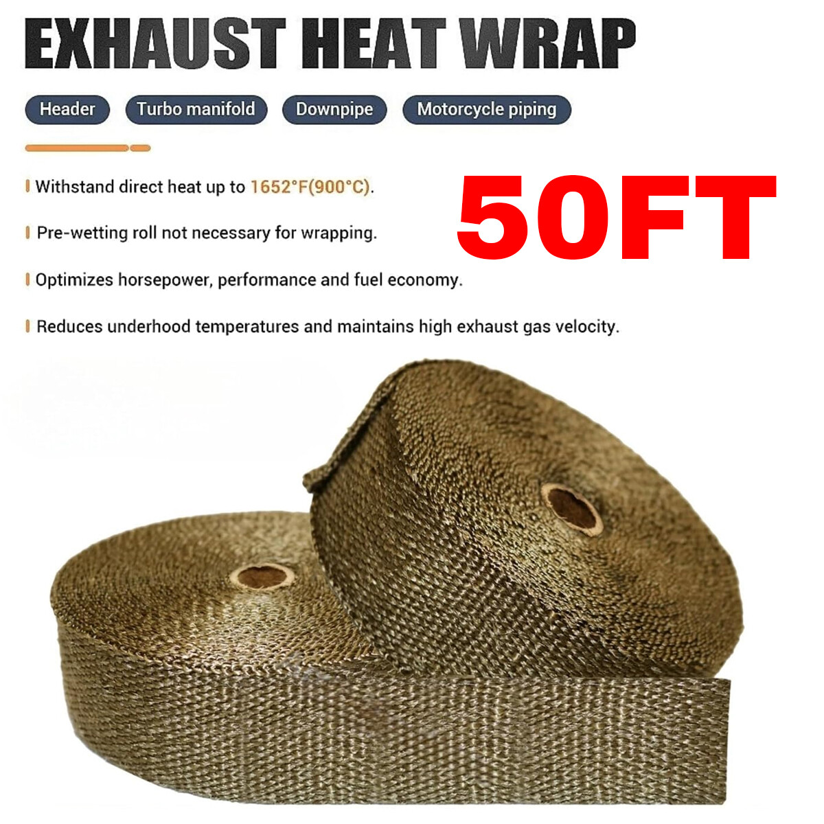1 Roll x 2" 50ft Titanium Lava Header Manifold Exhaust Heat Wrap Tape Ties Kit