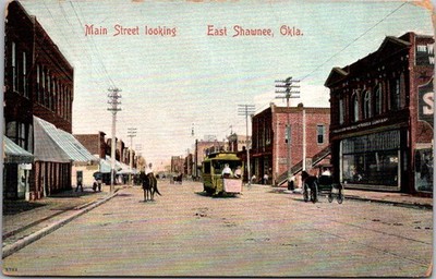Shawnee, Oklahoma Main Street Looking East Electric Trolley Postcard OK OKLA