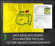 JACK NICKLAUS AUTOGRAPHED 2016 MASTERS TOURNAMENT PIN FLAG GOLF JSA COA LOA
