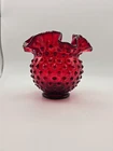 FENTON Art Glass Ruby Red Hobnail Ruffled 4" Rose Bowl Vase