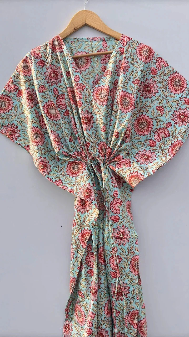 Indian Cotton Turquoise Floral Print Kaftan Dress Women's Clothing Kaftan Dress