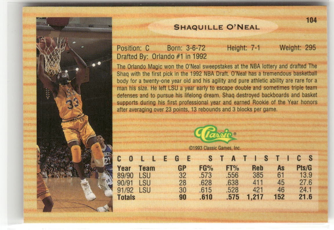 1993 Classic Draft Picks #104 Shaquille O'Neal ☘️039