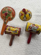 Vintage Tin  Wood Circus Clown Noisemakers Set of 4, Multicolor Party