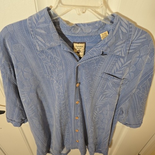 Jamaica Jaxx Shirt Mens XL Blue 100% Silk Hawaiian Aloha Leaf Pattern Textured - Picture 5 of 5