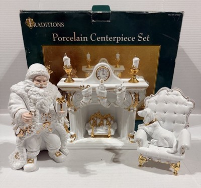 TRADITIONS Porcelain Centerpiece Christmas Set - Santa Clock Chair Dog Fireplace