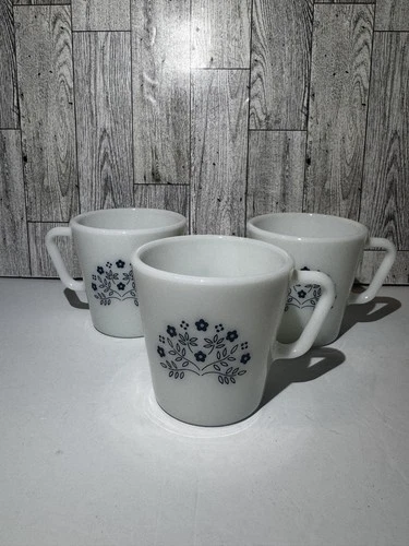 Vintage Pyrex Milk Glass Coffee Mug Cup Summer Impressions Blue Flowers Set Of 3