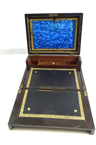 Antique Lap Desk Traveling Writing Box Slope Veneer #724