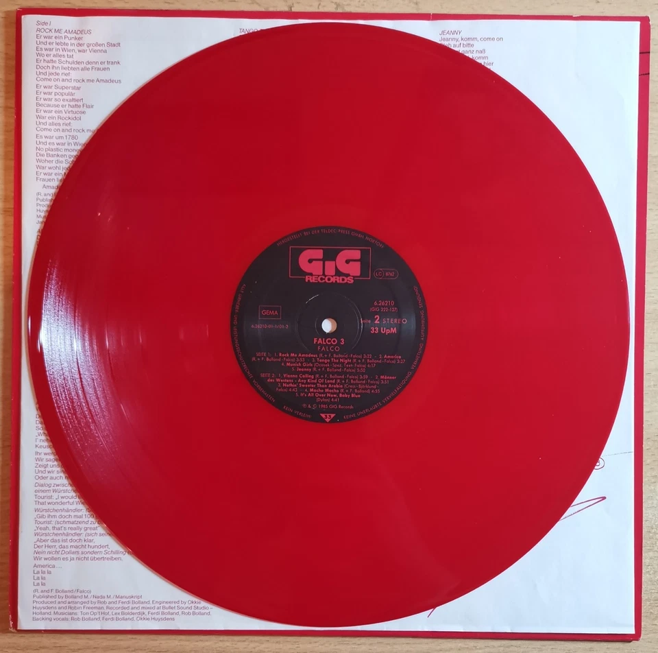 FALCO "3" - rotes RED Vinyl LP Album - original GiG Records 1985 !!! - Bild 2 von 3