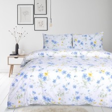 Blue Floral Cotton Duvet Cover Set King White Yellow Flower Wildflower Cottag...