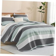 Quilt Queen Size Sage Green, Stripe Patchwork Queen 96 90in 03 - Sage Green