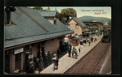 Postcard Digby, N.S., Bluenose arriving, Railway Station 