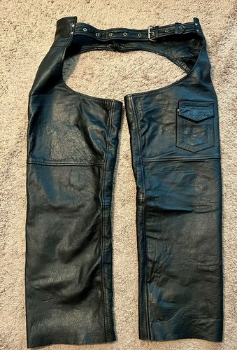 USA Bikers Dream Apparel Black Leather Motorcycle Chaps with Pocket Size 3XL